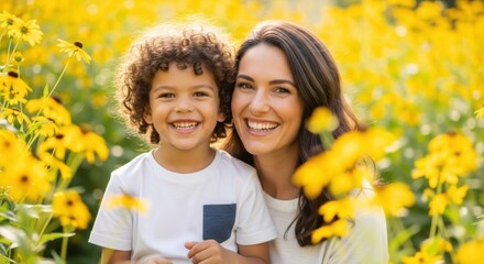 Joyful Mother and Son Embracing Nature in a Vibrant Field of Yellow Flowers