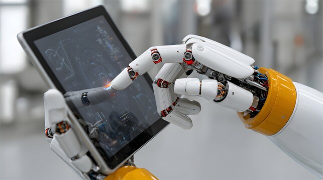 Robot hand interacting with a tablet display close up view