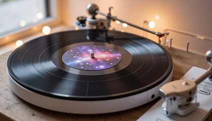 Vinyl record spinning on turntable with colorful galaxy design  