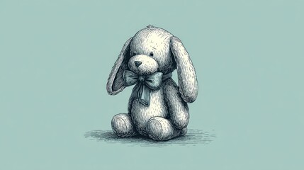 Pastel-toned drawing of a seated stuffed rabbit
