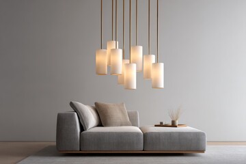 Minimalistic chandelier with rose-brass staggered rods and opal shades hanging above a gray linen ottoman evening ambient mixing