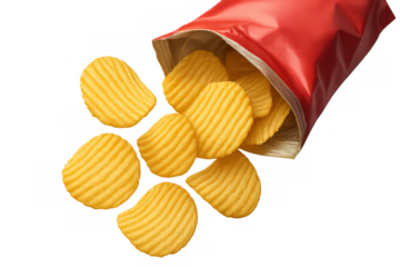 Crispy ridged potato chips spilling from vibrant red packaging, representing salty snack imagery