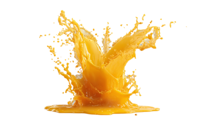 Orange juice splash captured mid-pour isolated on transparent background 