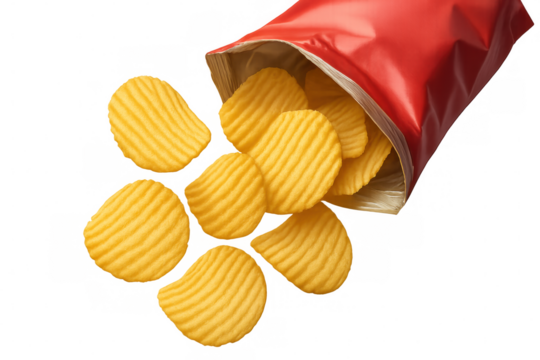 Crispy ridged potato chips spilling from vibrant red packaging, representing salty snack imagery