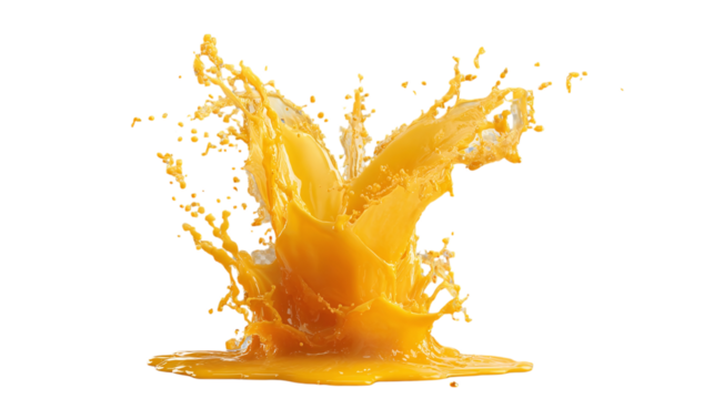 Orange juice splash captured mid-pour isolated on transparent background 