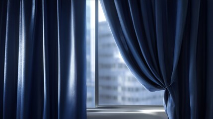 **Silky midnight blue curtains neatly pleated beside a wide window reflecting subtle daylight