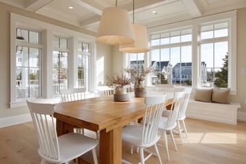 Fototapeta premium Modern farmhouse dining room with butcher block table and white spindle chairs linen and oak palette warm afternoon