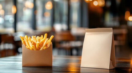 Fast food branding mockup, blank paper burger wrapper on blur background 