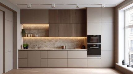 Monotone kitchen in taupe and sand colors with built-in oven wall illuminated from above with layered light falloff