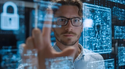 Man in glasses interacts with digital security interface screen