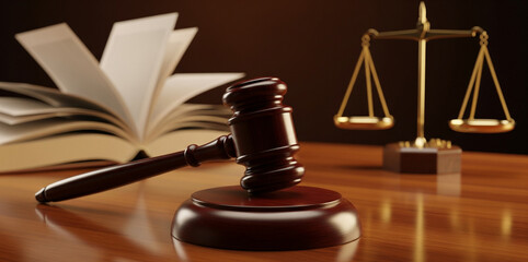 Justice and Judgment: This evocative image showcases the core symbols of law and justice: a gavel poised on its block alongside the scales of justice and an open law book.