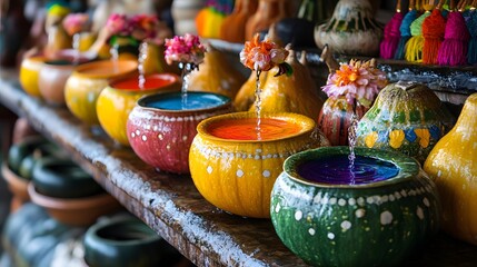 Decorative gourds filled with colorful water for ancestral offering