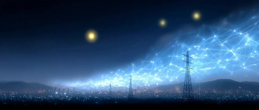 Illuminated City at Dusk: A cityscape transitions from daylight to the dark embrace of night, underscored by the glow of electricity.