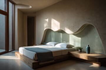 Organic wave-shaped headboard of clear glass set in an earthy-toned minimalist room dynamic side light casting flowing shadows