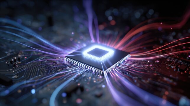 Digital Core: A captivating glimpse into the heart of modern technology, with vibrant neon-like tendrils of energy converging upon a central processing unit, igniting the essence of computation.