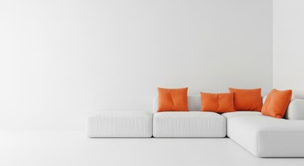 Modern White Sectional Sofa with Bright Orange Accent Pillows in a Minimalist Room