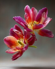 Fototapeta premium Red Double Tulip Suspended Mid-Air with Subtle Motion Blur Against Deep Gray Gradient Background, Gravity-Defying Floral Art for Modern Editorial and Design Use