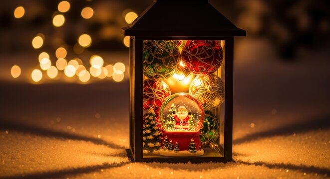 Festive Christmas lantern filled with decorations and a Santa Claus snow globe glows warmly in the soft light of blurred winter evening fairy lights