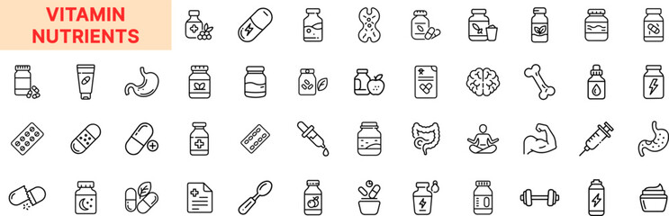 Vitamin Nutrients Icon Design Featuring Pills, Capsules, Supplement Bottles, Immunity Boost, Digestion, Bone Health, Energy, Minerals, Dosage, Gut Health, Amino Acids, and Nutritional Support Icons