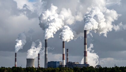 Dramatic factory chimneys releasing smoke with polluting environment against cloudy sky.
