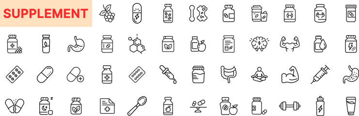 Supplement and Nutrition Icon Design Featuring Pills, Vitamins, Protein Powder, Muscle, Immune Support, Gut Health, Capsules, Minerals, Probiotics, and Wellness Icons