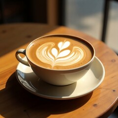 A beautifully crafted cup of latte with elegant heart-shaped latte art, served in a white ceramic cup on a wooden table, bathed in soft natural light from a nearby window.
