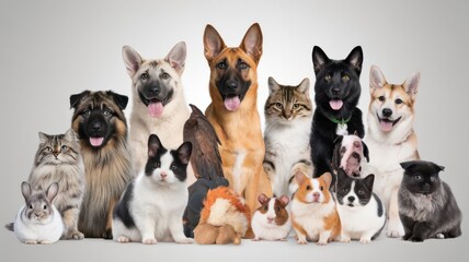 Obraz premium A diverse group of domestic animals together on a seamless backdrop posing