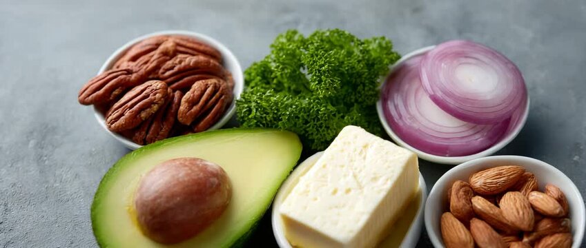 Healthy Fats Food: An assortment of healthy fats including avocado, pecans, almonds, red onion, and cheese are artfully arranged on a grey background.
