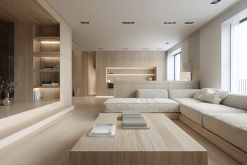 create photorealistic ultraminimalist interior scene for website homepage showcasing functional furniture with no