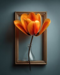 Single Orange Double Tulip Piercing Through Empty Golden Frame Against Clean Wall Background, Surreal Concept Floral Still Life for Creative Editorial or Decorative Use