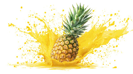 Pineapple surrounded by yellow splash liquid, tropical and vibrant, isolated on tranparent background 