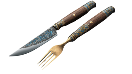 Antique culinary set of a knife and fork ready for a gourmet meal with warm detailed on transparent background