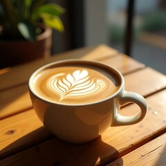 A beautifully crafted cup of latte with elegant heart-shaped latte art, served in a white ceramic cup on a wooden table, bathed in soft natural light from a nearby window.
