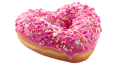 Pink donut in heart shape for Valentine’s Day, dessert set, isolated on tranparent background 
