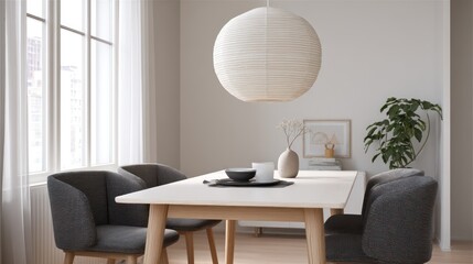 Obraz premium Scandinavian minimalist dining with white ash table and charcoal fabric chairs ash and graphite palette bright morning light