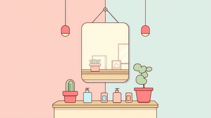Fototapeta premium Pastel-toned bathroom vanity with plants and mirror reflection
