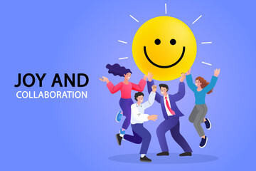 diverse group of cheerful individuals collaborate to hold up a giant smiling sun, symbolizing teamwork, positive energy, happiness, and collective success. This vibrant illustration conveys theme .