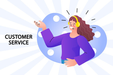 vector illustration depicting customer service concept with a smiling long man wearing a headset, representing communication, support and professional problem-solving. ideal for business, marketing.