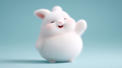 3D render of chubby cartoon bunny waving paw, joyful animal holiday mascot