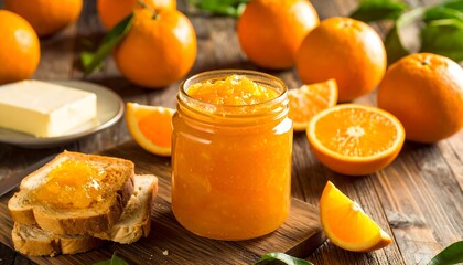 Orange marmalade and oranges on a wooden table
