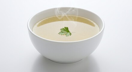 Steaming Hot Soup in White Bowl Garnished with Cilantro on White Background