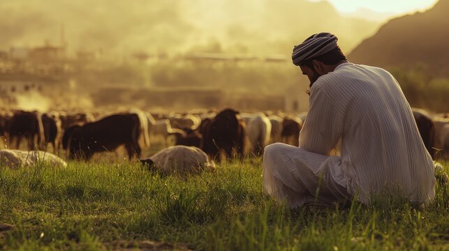 A pastoral scene of a shepherd seated amidst grazing livestock.