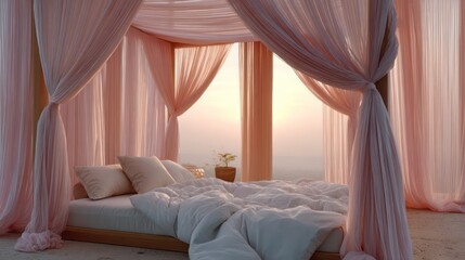 Sunset-pink canopy bed with white gauzy drapes golden-hour rays drapes creating volumetric haze side-lit by hidden warm LED