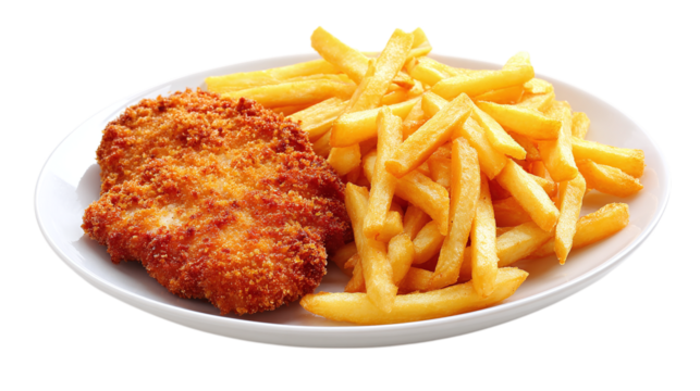 Plate of French fries with crispy chicken schnitzel, isolated on tranparent background 