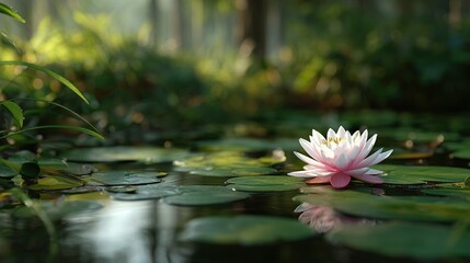 Delicate pink and white water lily blossom floats on dark water surrounded by green lily pads in a serene forest pond