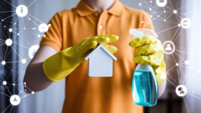 Modern home cleaning with digital network connection interface concept