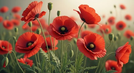 Obraz premium Vibrant Red Poppies Field in Soft Sunlight