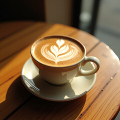 A beautifully crafted cup of latte with elegant heart-shaped latte art, served in a white ceramic cup on a wooden table, bathed in soft natural light from a nearby window.
