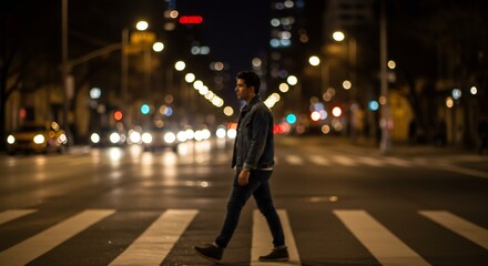 Silhouette of Man Crossing Street at Night, Bokeh Lights, Urban Scene.