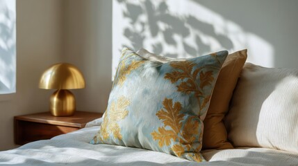 Turquoise and gold brocade accent cushion on cream bedding soft morning light from left casting dappled leaf-patterned shadows